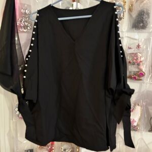 Elegant Black Women's Top with Pearl Accents